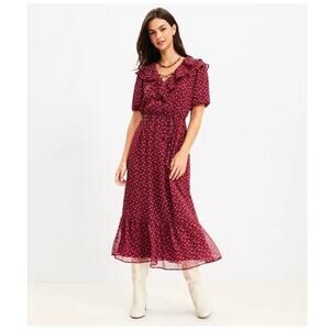 LOFT Womens Burgundy Floral Ruffle Midi Dress Size XS Cottagecore Boho Romantic
